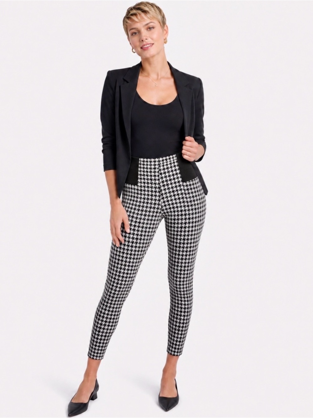 Dots Black & White Houndstooth Stretch Leggings - Size M